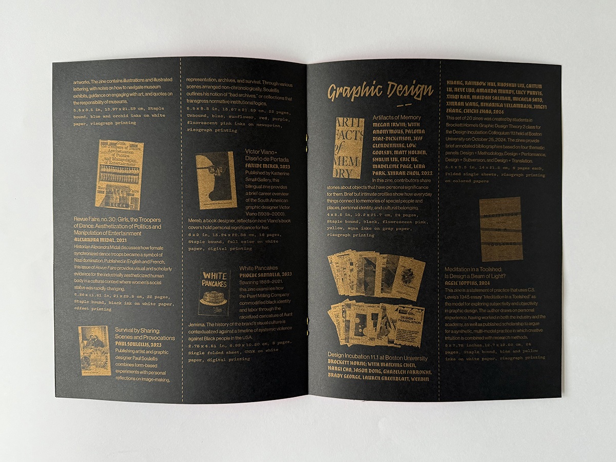a black and hot pink catalog printed in gold and black