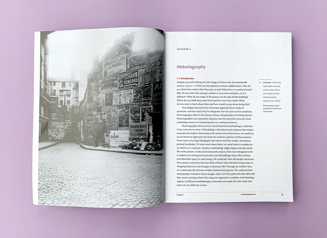 an open book on a purple background; recto side has text while the verso side shows an image of Paris in the nineteenth century
